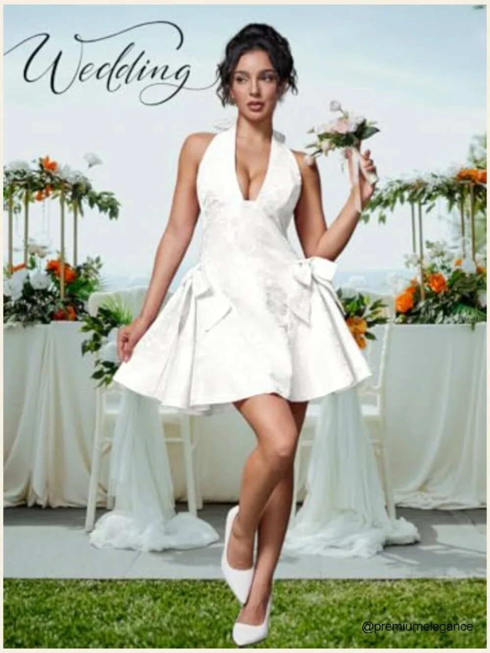 Halter V-Neck Mini Dress, Jacquard Bow A-Line, Prom Formal - Picture 2 of 7
